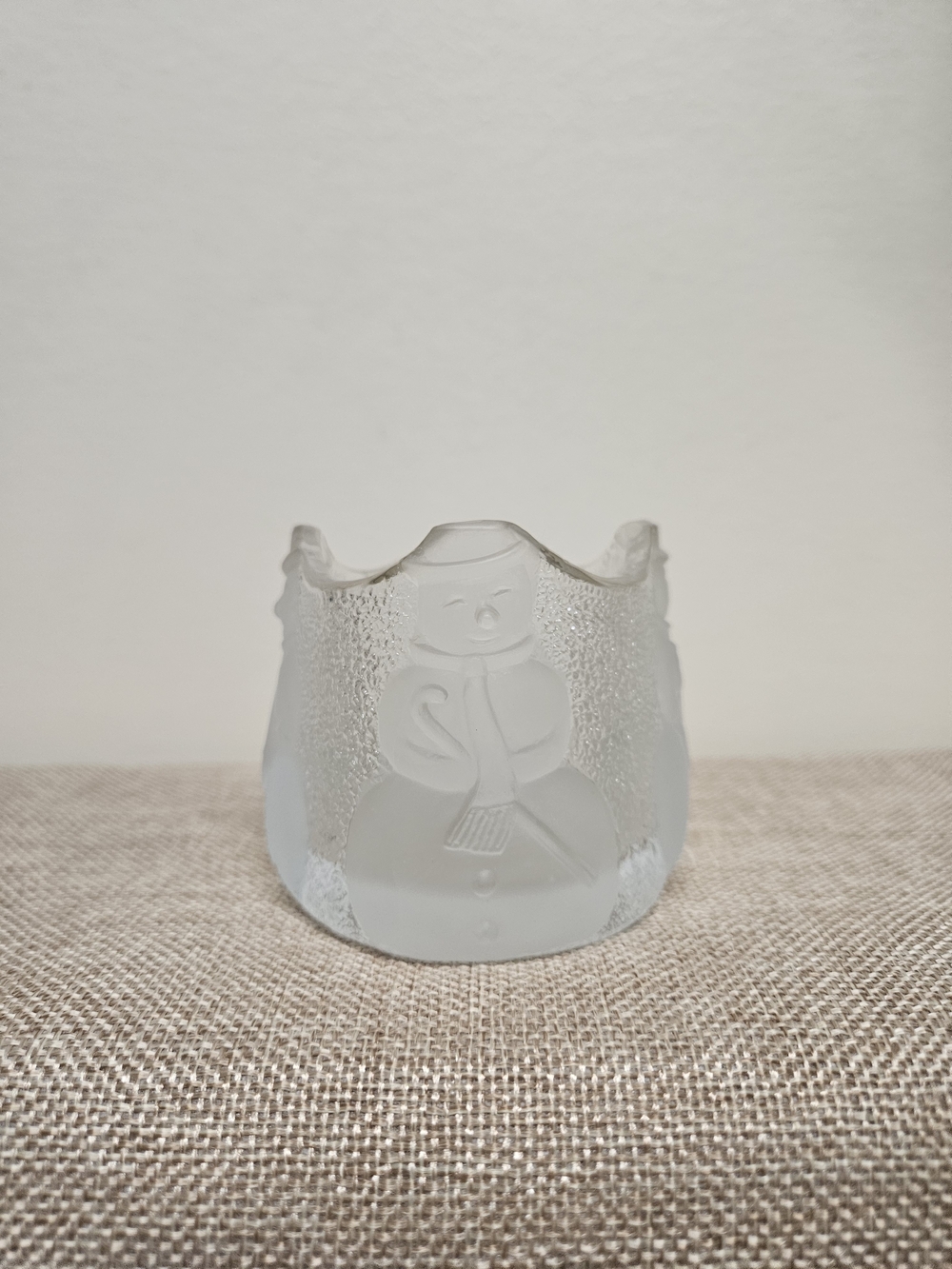 Vintage Nybro Sweden Snowman Glass Votive Candle Holder Frosted White 1980s
